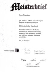 Sven Johanshon, Meisterbrief der Handwerkskammer Köln